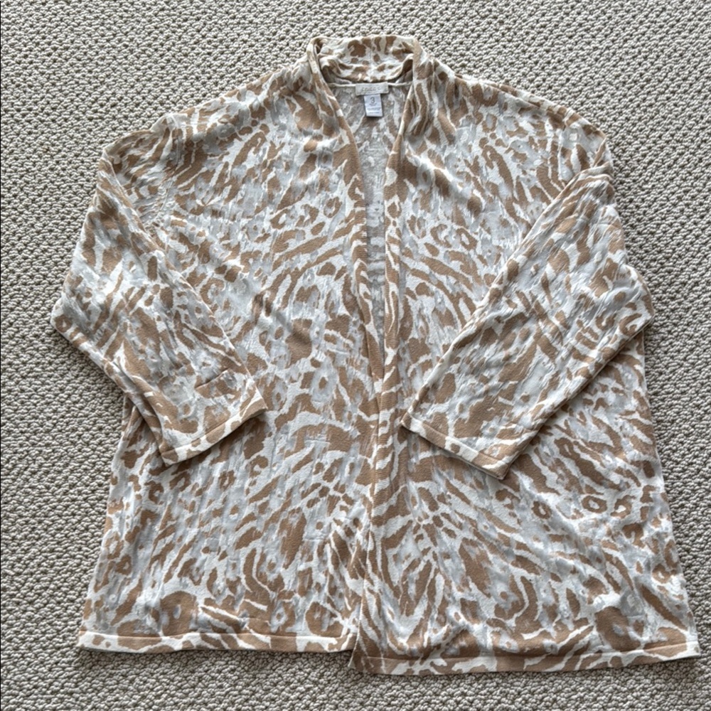 Chico's Tan and Cream Sheer Animal Print Open Cardigan size 3